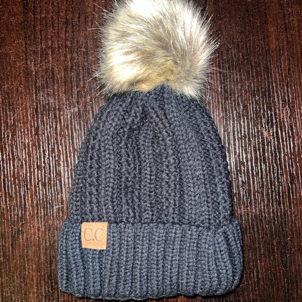 CC Black Knit Beanie with Faux Fur Pom